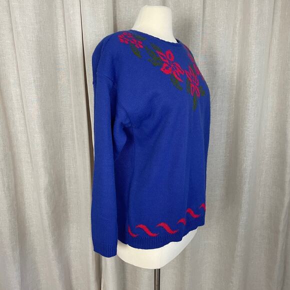 Vintage Sweater Womens Size Medium Blue Pink Floral Knit Crewneck Grandma 80s - Picture 3 of 10